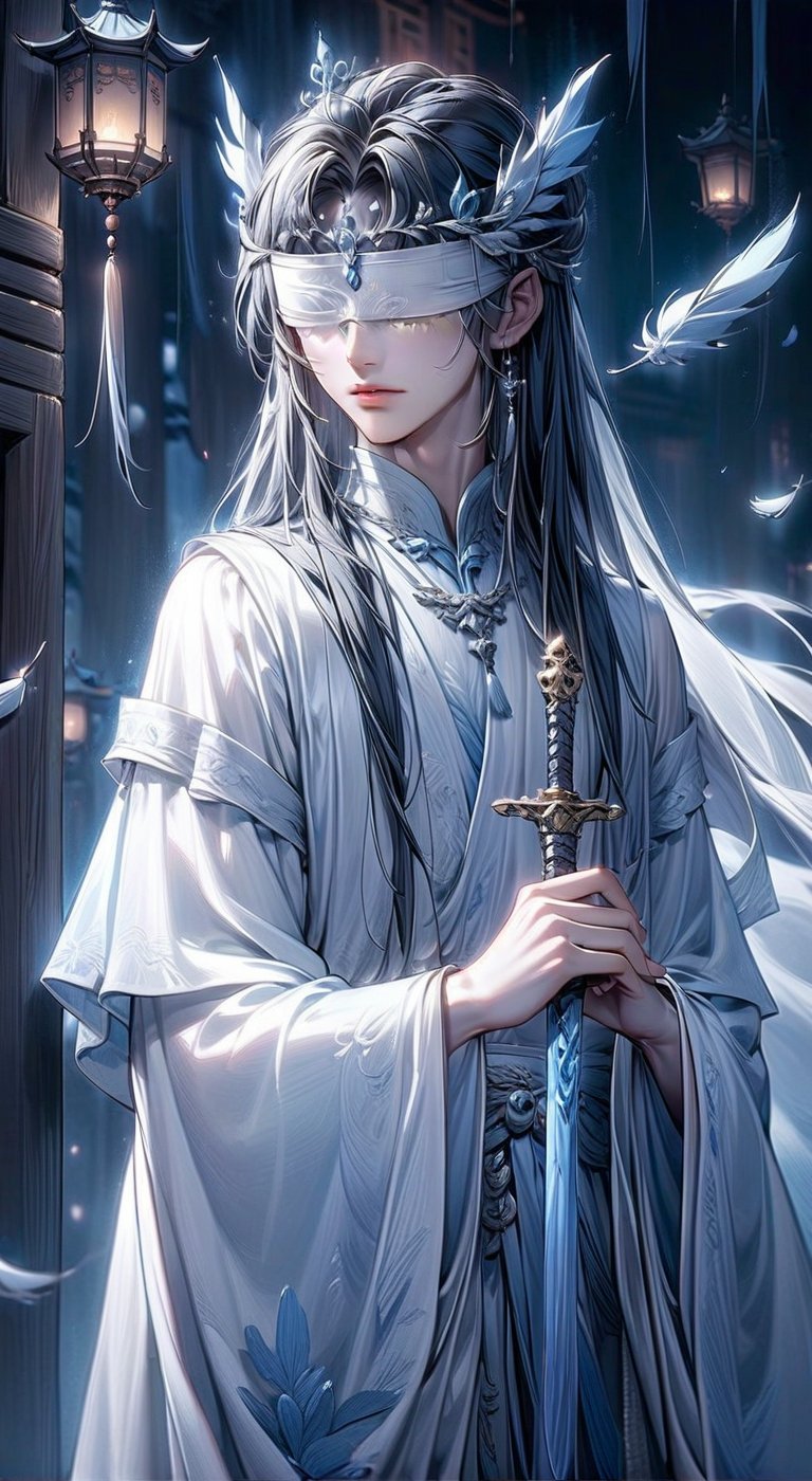 Beautiful, soft light, (beautiful and delicate eyes), very detailed, pale skin, (long hair), dreamy, black long hair, male 1, ((full body shot)), bangs, soft expression, height 170, elegant, 8k art photo, small necklace, small earrings, fantasy, jewelry, sad, dreamy soft image, masterpiece, ultra high resolution, tear, white clothing, white hanfu, lantern, night, dark, snowy, whith tone, 1boy, hair accessories, hair ornaments, tiara, feathers, (wearing white blindfold:1.2), (BP:1.2), standing, holding sword, chinese garden, ancient chinese, Asian, cover eyes, close eyes, white mask, royal, man, sole male, boy