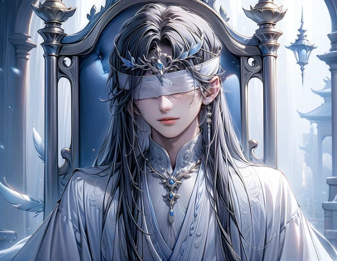 Beautiful, soft light, (beautiful and delicate eyes), very detailed, pale skin, (long hair), dreamy, black long hair, male 1, ((front shot)), bangs, soft expression, height 170, elegant , Bright smile, 8k art photo, small necklace, small earrings, fantasy, jewelry, shyness, dreamy soft image, masterpiece, ultra high resolution, white clothing, white hanfu, palace, sunlight,  light, golden ray, snowy, whith tone, 1boy, hair accessories, hair ornaments, tiara, feathers, (wearing white blindfold:1.2), (BP:1.2), sitting on throne, cover eyes, close eyes, white mask, royal, man, sole male, boy