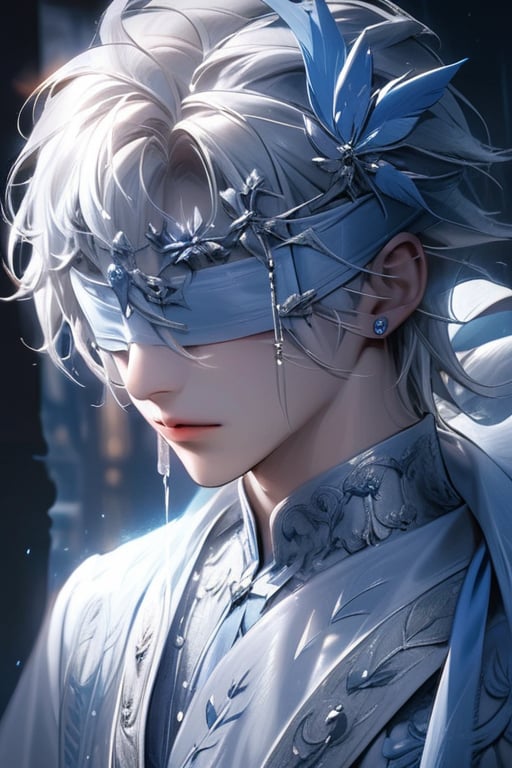 (WHITE_HAIRED_MALE:1.4) (blindfolded with silve_embroidere_ BLUE_silk_ribbon in front of his eyes:1.4), best quality, masterpiece, beautiful and aesthetic, 16K, (HDR:1.4), high contrast, (vibrant color:0.5), (muted colors, dim colors, soothing tones:1.3), Exquisite details and textures, cinematic shot, Cold tone, (Dark and intense:1.2), wide shot, ultra realistic illustration, siena natural ratio, (extreamly delicate and beautiful:1.2), 8K, (tmasterpiece, best:1.2), (LONG_WHITE_HAIR_MALE:1.4), (PERFECT SYMMETRICAL BLUE EYES:0), a long hair male, cool and determined, (White blindfolded:1.1) and intricate detailing, finely eye and detailed face, Perfect eyes, Equal eyes, Fantastic lights and shadows、finely detail,,wind,insanely NIGHT SKY,very long hair, hair_ornaments, long SILVER-WHITE hair, angle ,contour deepening,cinematic angle ,Enhance, jewelery,solo, short hair, 1boy, jewelry, upper body, white hair, male focus, earrings, lips, feathers, portrait, blindfold,BP