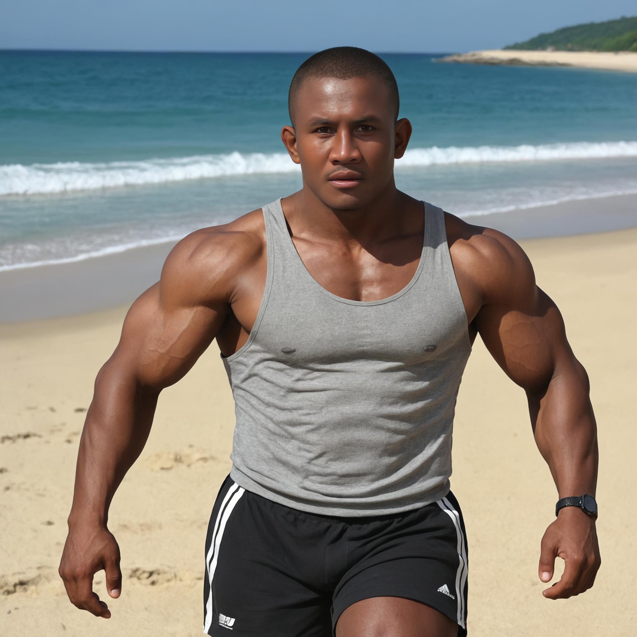 solo, male focus, buakaw, dark skin male, mature male, running on the beach, sunset, tanktop, black shorts, anatomically correct, detailed eyes, detailed face, deep brown eyes, muscular, bodybuilder, huge pectorals, huge biceps, buzz cut,<lora:Buakaw Banchamek H1xl:0.8>