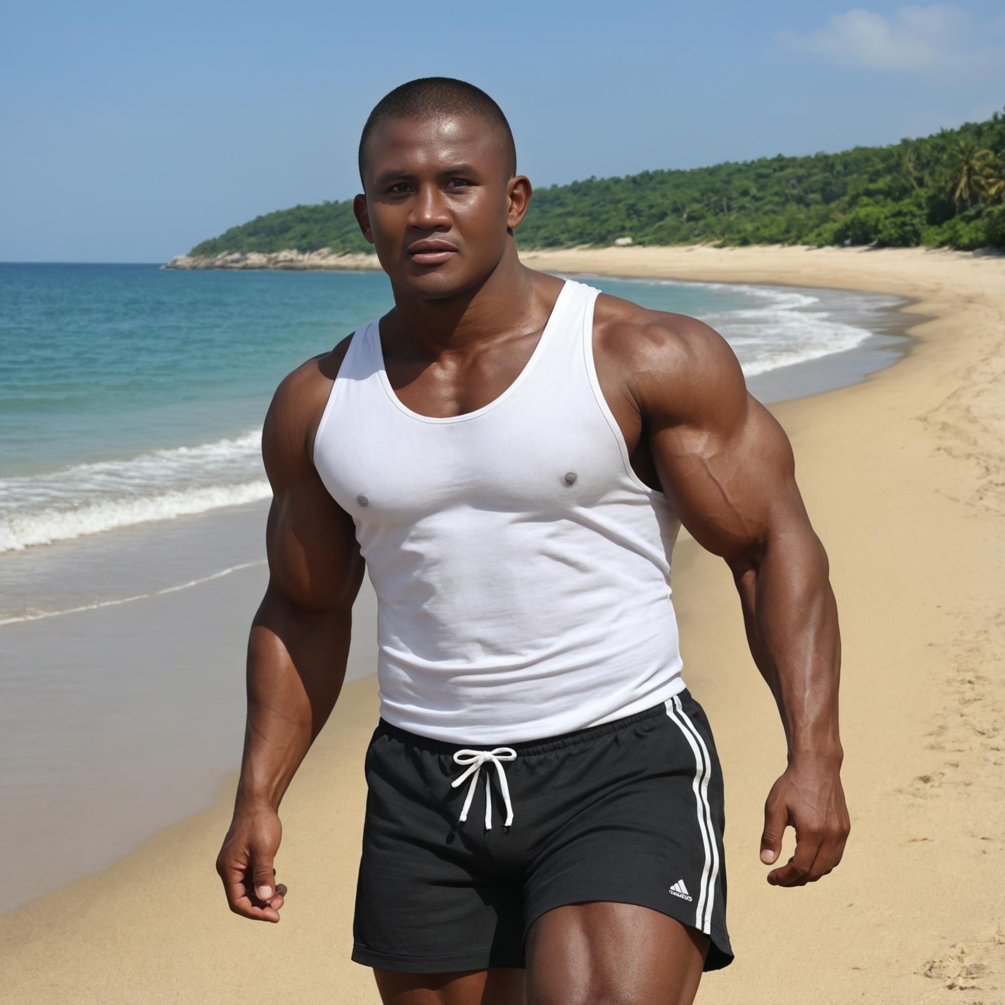 solo, male focus, buakaw, dark skin male, mature male, running on the beach, sunset, tanktop, black shorts, anatomically correct, detailed eyes, detailed face, deep brown eyes, muscular, bodybuilder, huge pectorals, huge biceps, buzz cut,<lora:Buakaw Banchamek H1xl:0.8>