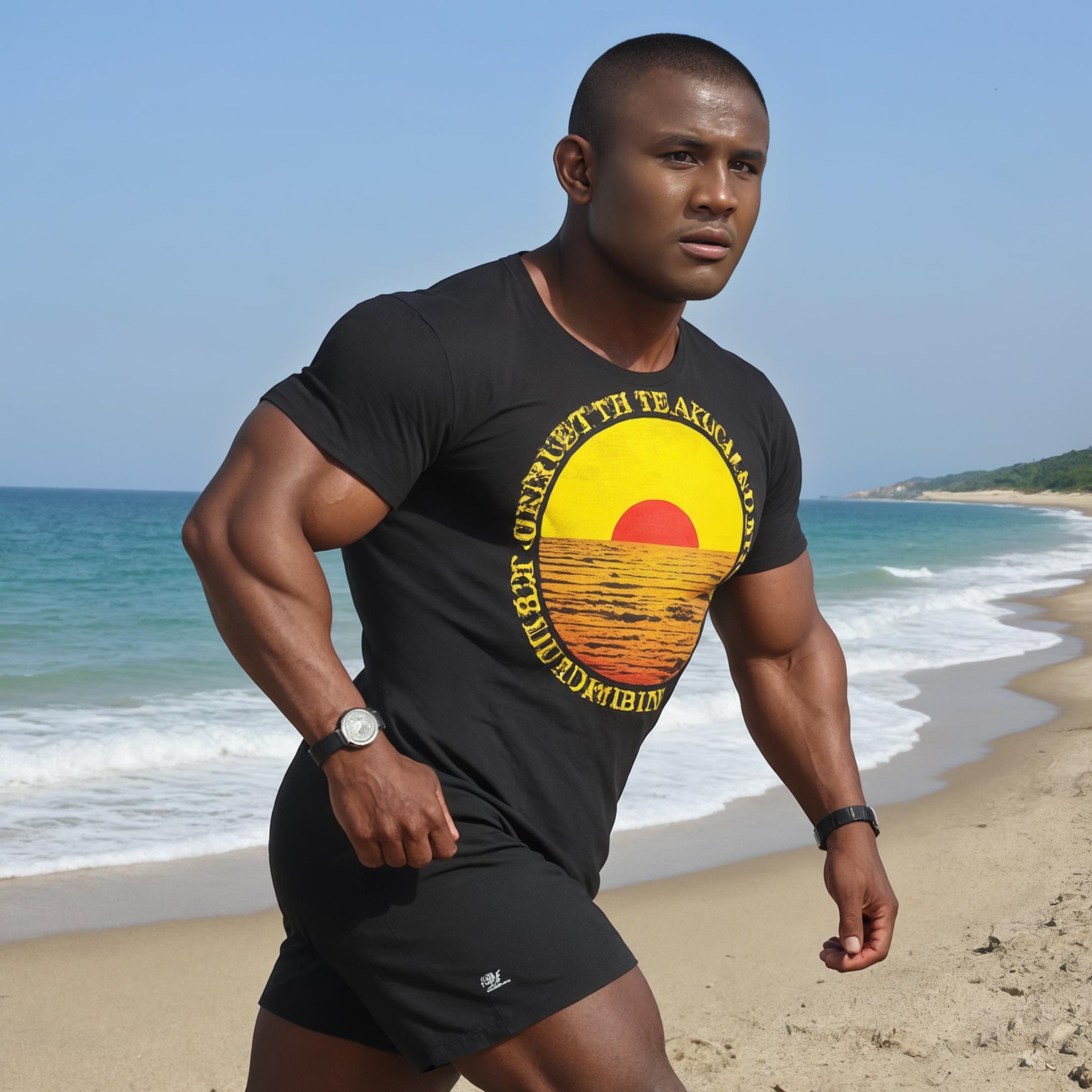 solo, male focus, buakaw, dark skin male, mature male, running on the beach, sunset, print t-shirt, black shorts, anatomically correct, detailed eyes, detailed face, deep brown eyes, muscular, bodybuilder, huge pectorals, huge biceps, buzz cut,<lora:Buakaw Banchamek H1xl:0.8>