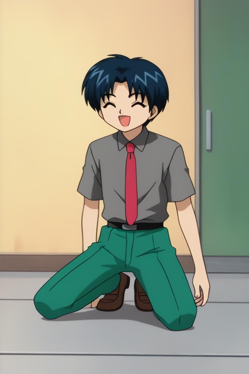 score_9, score_8_up, score_7_up, score_6_up, masterpiece, best quality, amazing quality, best aesthetic, absurdres, intricate details, kaoru matsutake, blue hair, grey eyes, 1boy, male focus, necktie, one knee, pants, green pants, closed eyes, shirt, open mouth, happy, kneeling, short sleeves, red necktie, shoes, school uniform, belt, short hair, smile<lora:EMS-458924-EMS:1.000000>