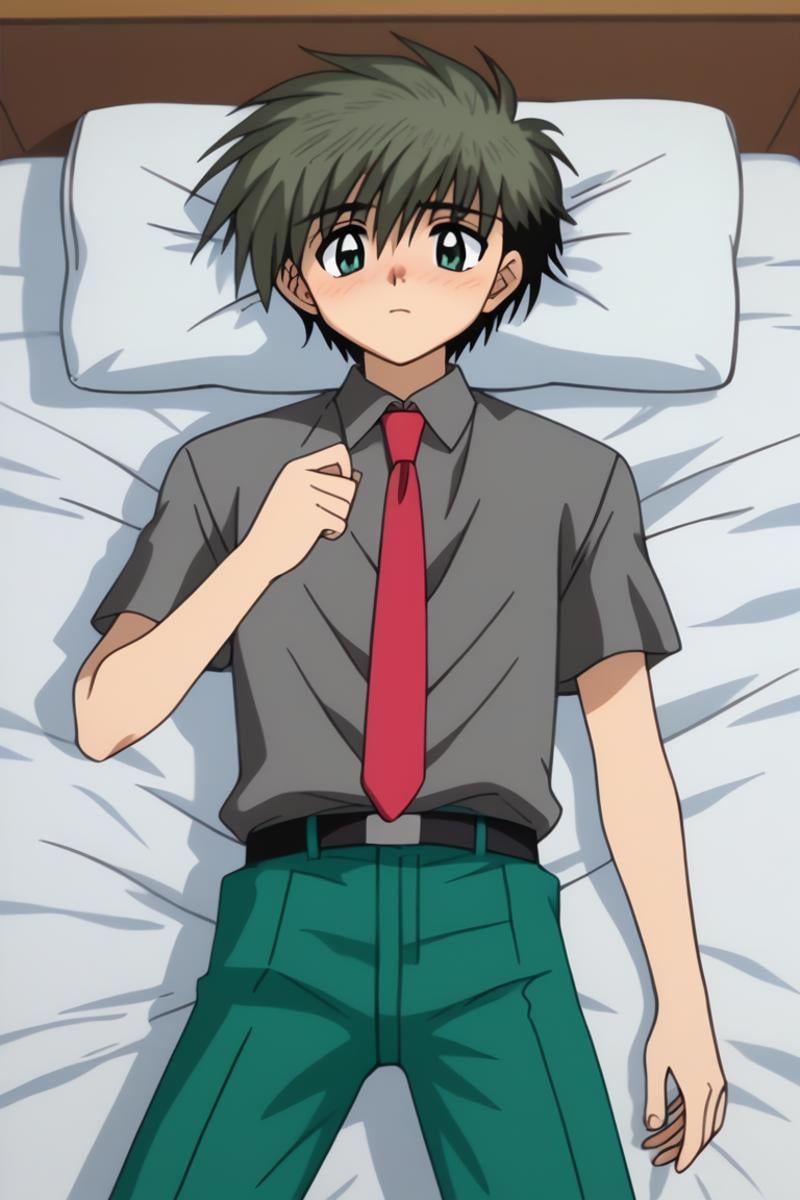 score_9, score_8_up, score_7_up, score_6_up, masterpiece, best quality, amazing quality, best aesthetic, absurdres, intricate details, koichi sumita, green hair, green eyes, 1boy, male focus, solo, necktie, pillow, lying, blush, black hair, bed, on back, looking at viewer, school uniform, parody, grey shirt, short sleeves, gren pants<lora:EMS-458924-EMS:1.000000>