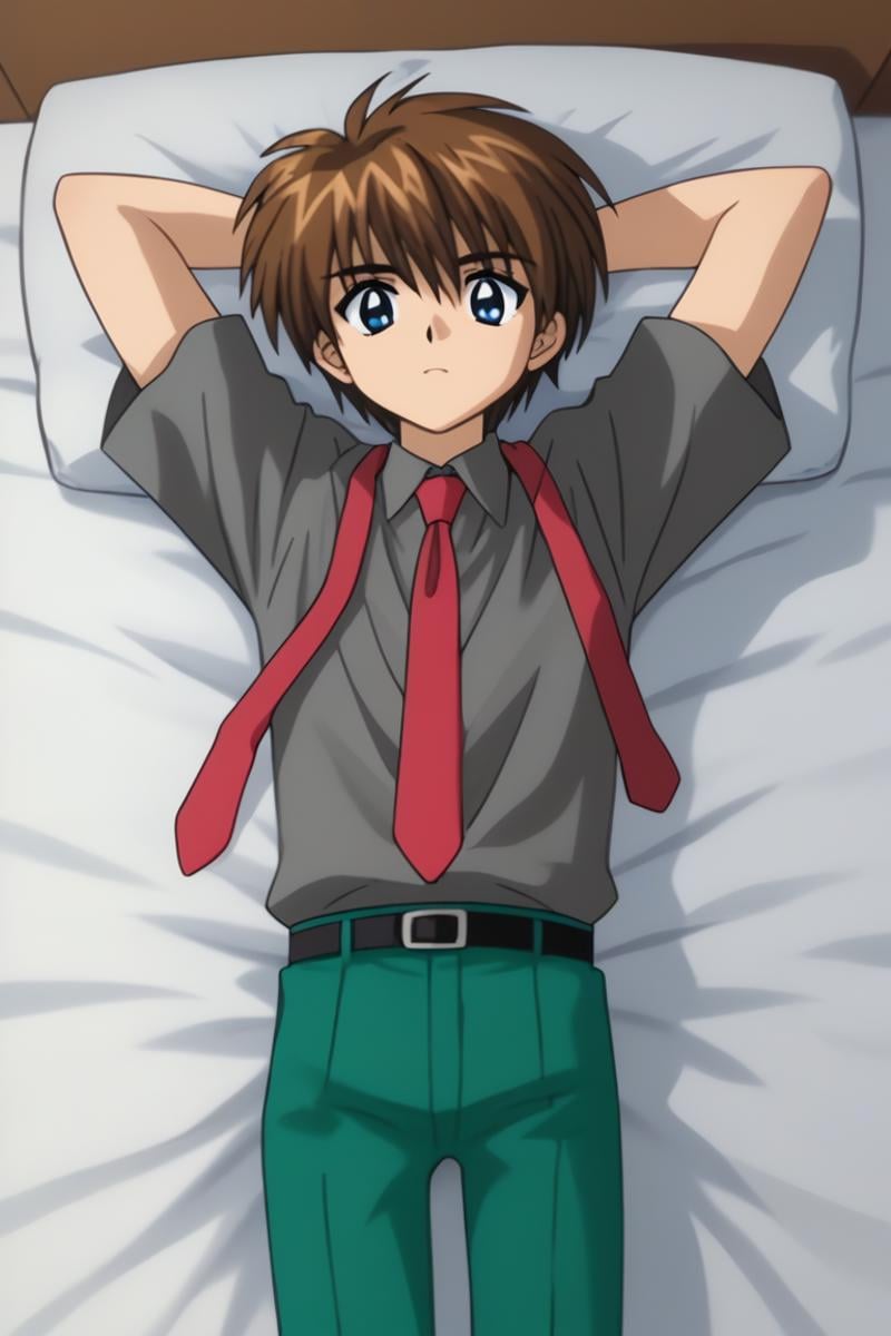 score_9, score_8_up, score_7_up, score_6_up, masterpiece, best quality, amazing quality, best aesthetic, absurdres, intricate details, setsu yuuki, brown hair, blue eyes, 1boy, male focus, solo, lying, necktie, on back, arms behind head, looking at viewer, pillow, school uniform, shirt, anime coloring, bed, belt, arms up, pants, green pants<lora:EMS-458924-EMS:1.000000>