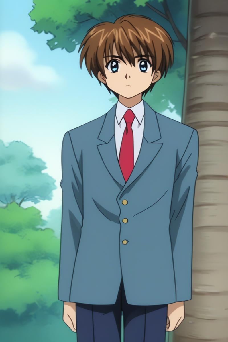 score_9, score_8_up, score_7_up, score_6_up, masterpiece, best quality, amazing quality, best aesthetic, absurdres, intricate details, setsu yuuki, brown hair, blue eyes, 1boy, male focus, solo, school uniform, necktie, red necktie, jacket, tree, blazer, lookin at viewer, pants<lora:EMS-458924-EMS:1.000000>