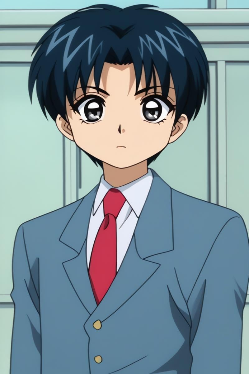 score_9, score_8_up, score_7_up, score_6_up, masterpiece, best quality, amazing quality, best aesthetic, absurdres, intricate details, kaoru matsutake, blue hair, grey eyes, solo, necktie, 1boy, male focus, school uniform, red necktie, parody, short hair, looking at viewer<lora:EMS-458924-EMS:1.000000>