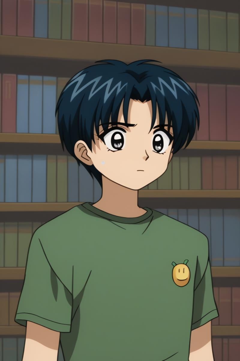 score_9, score_8_up, score_7_up, score_6_up, masterpiece, best quality, amazing quality, best aesthetic, absurdres, intricate details, kaoru matsutake, blue hair, grey eyes, solo, 1boy, male focus, bookshelf, shirt, sweatdrop, book, short hair, green shirt, anime coloring, upper body<lora:EMS-458924-EMS:1.000000>