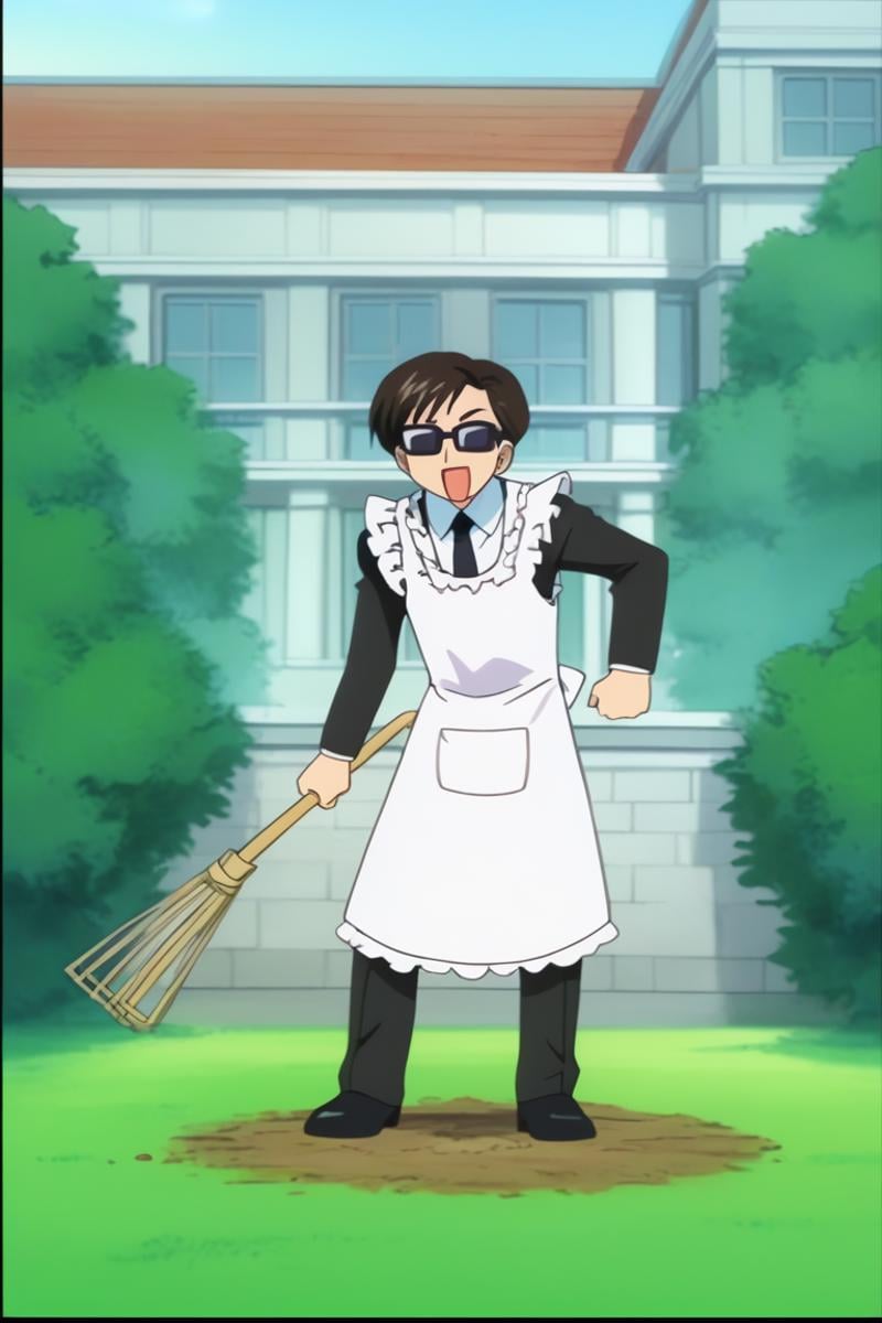 score_9, score_8_up, score_7_up, score_6_up, masterpiece, best quality, amazing quality, best aesthetic, absurdres, intricate details, hirai, black hair, sunglasses, apron, maid, solo, broom, 1boy, maid apron, outdoors, male focus, open mouth, holding, long sleeves, parody, short hair, building, border, shoes, holding broom, frilled apron, black footwear, black border, brown hair, smile, white apron, bush, frills, grass, running<lora:EMS-458924-EMS:1.000000>