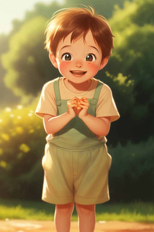 A delightful young boy with a cheerful expression, standing outdoors. The composition frames him from the waist up, focusing on his bright eyes and infectious smile. Soft, natural lighting accentuates his innocent charm and rosy cheeks. He wears a simple, playful outfit, adding to the warm and inviting ambiance of the scene.