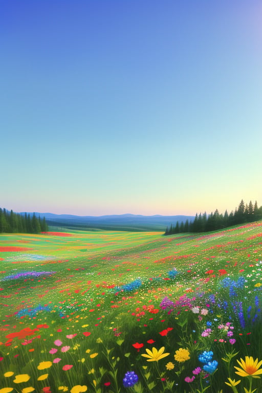 A picturesque meadow blanketed in a vibrant array of wildflowers, under a clear blue sky. The composition captures a wide-angle view, with the colorful flowers in the foreground and the distant horizon in the background. Soft, natural lighting bathes the scene, enhancing the rich hues and delicate petals of the blossoms. The meadow is alive with the gentle sway of flowers in a light breeze, creating a serene and enchanting landscape.