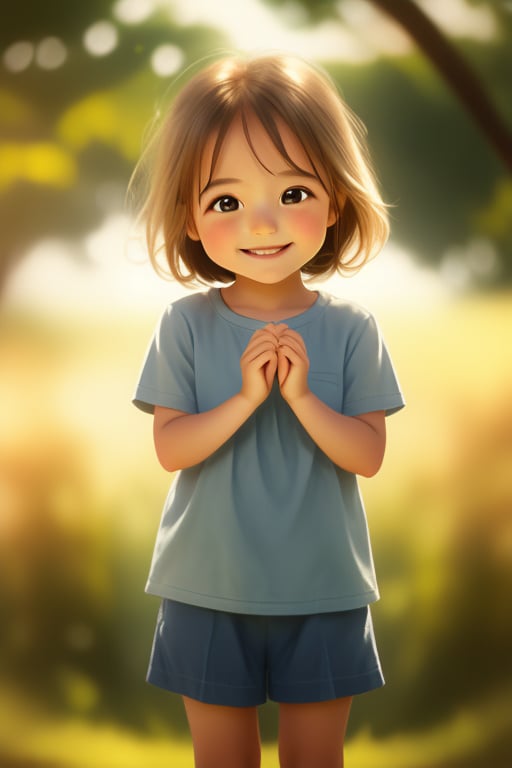 A charming young girl with a sweet smile, standing in a natural setting. The composition frames her from the waist up, capturing her playful expression and bright eyes. Soft, warm lighting highlights her delicate features and enhances her youthful glow. She wears a casual outfit, adding to the relaxed and endearing atmosphere of the scene.