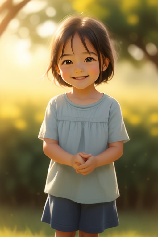 A charming young girl with a sweet smile, standing in a natural setting. The composition frames her from the waist up, capturing her playful expression and bright eyes. Soft, warm lighting highlights her delicate features and enhances her youthful glow. She wears a casual outfit, adding to the relaxed and endearing atmosphere of the scene.