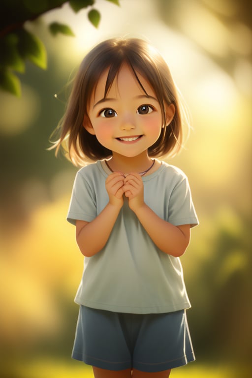 A charming young girl with a sweet smile, standing in a natural setting. The composition frames her from the waist up, capturing her playful expression and bright eyes. Soft, warm lighting highlights her delicate features and enhances her youthful glow. She wears a casual outfit, adding to the relaxed and endearing atmosphere of the scene.