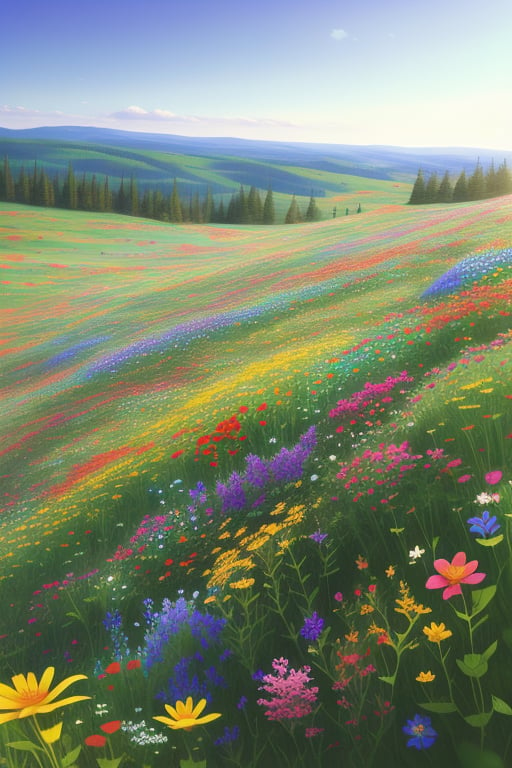 A picturesque meadow blanketed in a vibrant array of wildflowers, under a clear blue sky. The composition captures a wide-angle view, with the colorful flowers in the foreground and the distant horizon in the background. Soft, natural lighting bathes the scene, enhancing the rich hues and delicate petals of the blossoms. The meadow is alive with the gentle sway of flowers in a light breeze, creating a serene and enchanting landscape.