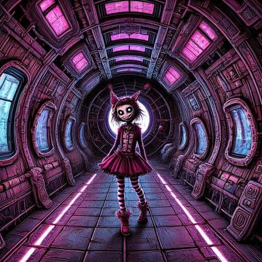 donm7w1573dw0nd3rl4ndfx cyberpunk girl in a spaceship hallway