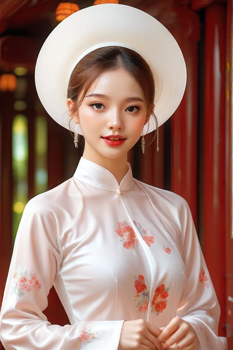 1girl,best quality,masterpiece,illustration,an extremely,  white Nhật Bình,  long sleeve, Vietnamese traditional turban, delicate and beautiful,CG,unity,8k wallpaper,Amazing,finely detail,masterpiece,official art,extremely detailed CG unity 8k wallpaper,incredibly absurdres,huge filesize,ultra-detailed,highres,extremely detailed,beautiful detailed girl,realistic, perfect light, beautiful teeth, high bun, full shot, elegant and gentle pattern