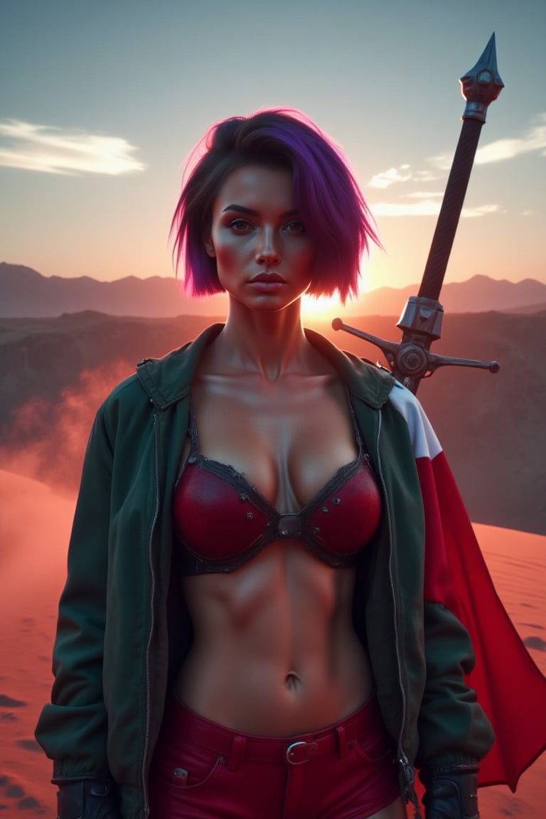A young woman with short,  vibrant purple hair stares into the camera,  her gaze oozing sensuality and intimacy. She is we...