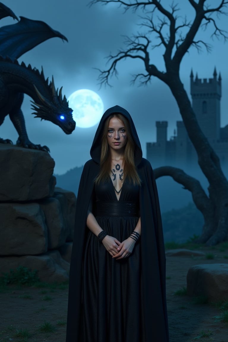 A photo of the mysterious woN4t4ndr3 figure draped in a hooded cloak with striking blue eyes and intricate tribal markings on her face. She stands against a haunting backdrop of a moonlit night, with a gothic castle looming in the distance. A large, menacing dragon with glowing blue eyes is perched on a rocky outcrop to the left, while a dark, twisted tree stands tall in the center. The overall ambiance of the image is eerie and enchanting, evoking a sense of fantasy and magic.