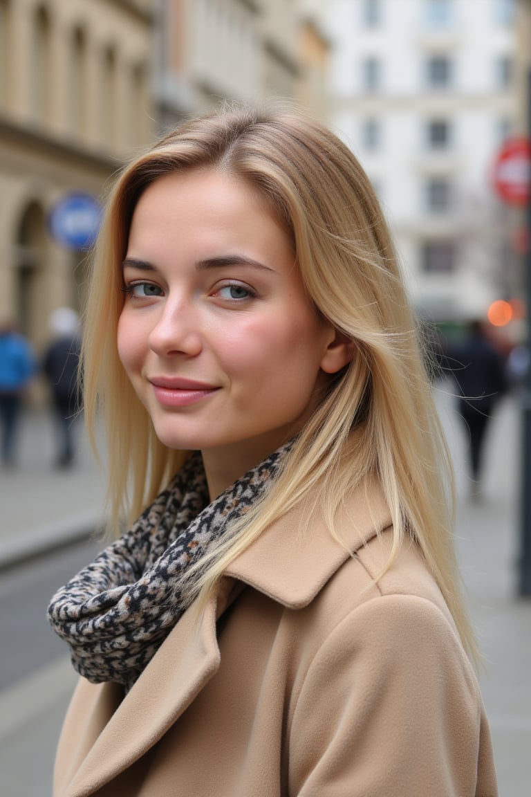 A candid photo of the young woN4t4ndr3 with blonde hair and freckles. She is wearing a beige coat and a scarf. The background is blurred and contains a city street with buildings. The photo has a bokeh effect.