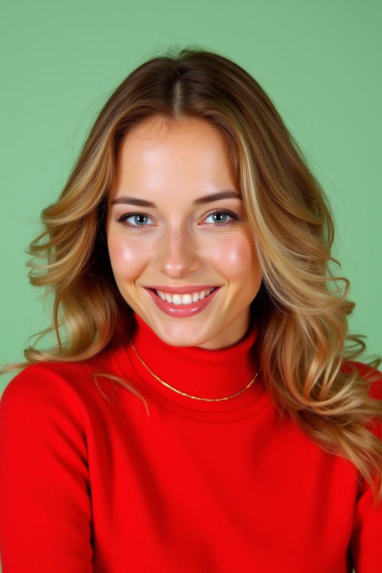 A professional photography capturing the gorgeous woN4t4ndr3 she has long wavy hair and a sexy smile on her face, her eyes are blue and she is wearing a red turtleneck sweater with a golden necklace. The background is solid light green