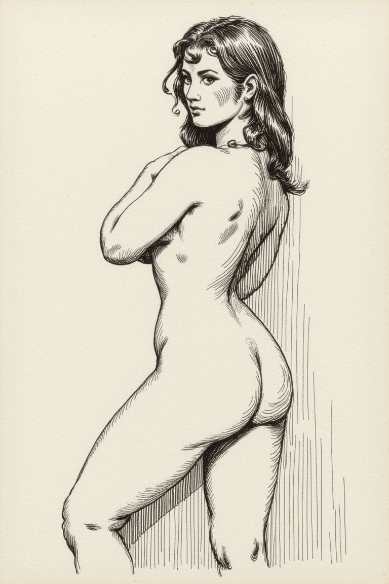 Illustration of a nude woman,  monochrome,  lithograph by Invisidude on Tensor.Art