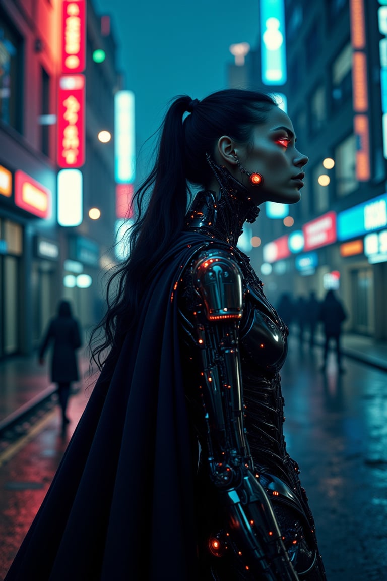 A dark angel cyborg emerges from a cityscape's neon-lit haze, her metallic limbs glistening in the dim light. A flowing black cape billows behind her, punctuated by flashing LED strips. Her eyes glow like embers as she gazes out at the urban landscape, her cybernetic enhancements humming softly. The ziprealism effect heightens the contrast between her mechanical and organic features.