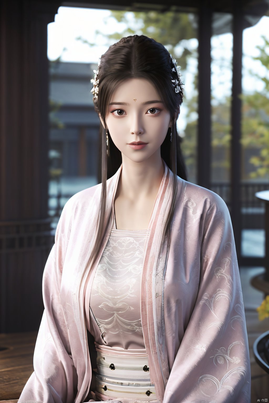 Best quality, Realistic, photorealistic, masterpiece,  , best shadow, huge filesize ,incredibly absurdres, absurdres, looking at viewer, transparent, smog, gauze, vase, petals, room, ancient Chinese style, detailed background, wide shot background,
(((1gilr,black hair))),(Sitting on the lotus pond porch:1.39) ,(huge breasts:1.39),(A pond full of pink lotus flowers:1.3),close up of 1girl,Hairpins,hair ornament,hair wings,slim,narrow waist,perfect eyes,beautiful perfect face,pleasant smile,perfect female figure,detailed skin,charming,alluring,seductive,erotic,enchanting,delicate pattern,detailed complex and rich exquisite clothing detail,delicate intricate fabrics,
Morning Serenade In the gentle morning glow, (a woman in a pink lotus-patterned Hanfu stands in an indoor courtyard:1.26),(Chinese traditional dragon and phoenix embroidered Hanfu:1.3), admiring the tranquil garden scenery. The lotus-patterned Hanfu, embellished with silver-thread embroidery, is softly illuminated by the morning light. The light mint green Hanfu imparts a sense of calm and freshness, adorned with delicate lotus patterns, with a blurred background to enhance the peaceful atmosphere,(huge breasts:1.59),Xsutaner,Xhulianxin