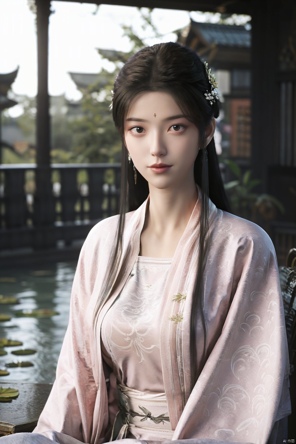 Best quality, Realistic, photorealistic, masterpiece,  , best shadow, huge filesize ,incredibly absurdres, absurdres, looking at viewer, transparent, smog, gauze, vase, petals, room, ancient Chinese style, detailed background, wide shot background,
(((1gilr,black hair))),(Sitting on the lotus pond porch:1.39) ,(huge breasts:1.29),(A pond full of pink lotus flowers:1.3),close up of 1girl,Hairpins,hair ornament,hair wings,slim,narrow waist,perfect eyes,beautiful perfect face,pleasant smile,perfect female figure,detailed skin,charming,alluring,seductive,erotic,enchanting,delicate pattern,detailed complex and rich exquisite clothing detail,delicate intricate fabrics,
Morning Serenade In the gentle morning glow, (a woman in a pink lotus-patterned Hanfu stands in an indoor courtyard:1.26),(Chinese traditional dragon and phoenix embroidered Hanfu:1.3), admiring the tranquil garden scenery. The lotus-patterned Hanfu, embellished with silver-thread embroidery, is softly illuminated by the morning light. The light mint green Hanfu imparts a sense of calm and freshness, adorned with delicate lotus patterns, with a blurred background to enhance the peaceful atmosphere,(huge breasts:1.52),Xsutaner,Xhulianxin