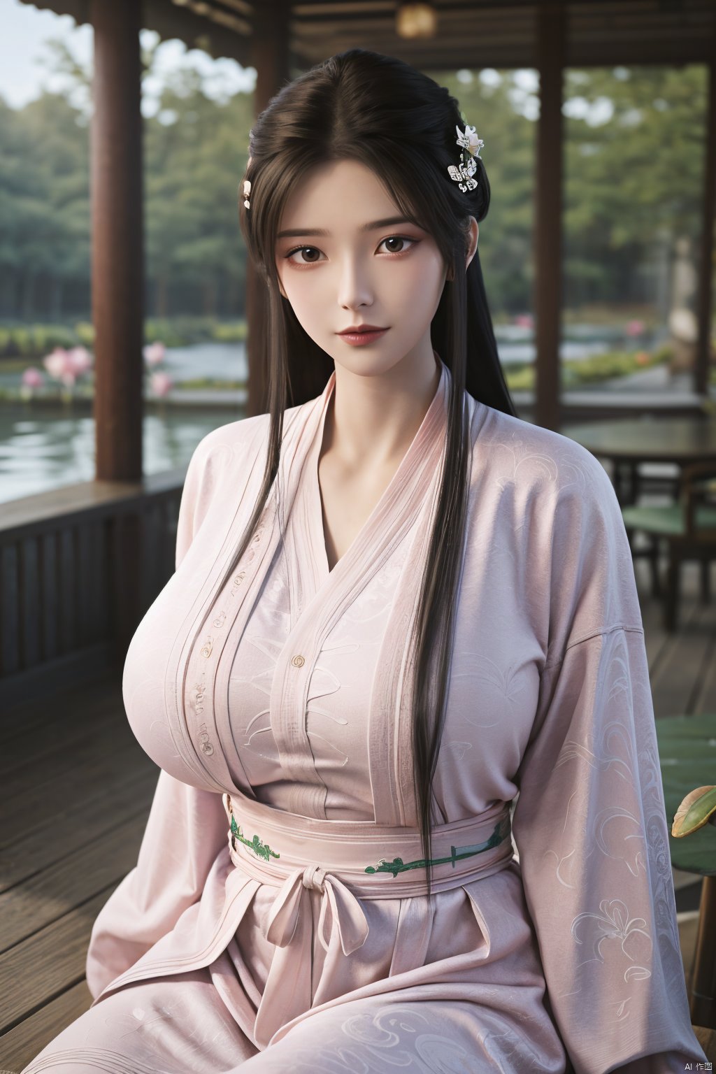 Best quality, Realistic, photorealistic, masterpiece,  , best shadow, huge filesize ,incredibly absurdres, absurdres, looking at viewer, transparent, smog, gauze, vase, petals, room, ancient Chinese style, detailed background, wide shot background,
(((1gilr,black hair))),(Sitting on the lotus pond porch:1.39) ,(huge breasts:1.39),(A pond full of pink lotus flowers:1.3),close up of 1girl,Hairpins,hair ornament,hair wings,slim,narrow waist,perfect eyes,beautiful perfect face,pleasant smile,perfect female figure,detailed skin,charming,alluring,seductive,erotic,enchanting,delicate pattern,detailed complex and rich exquisite clothing detail,delicate intricate fabrics,
Morning Serenade In the gentle morning glow, (a woman in a pink lotus-patterned Hanfu stands in an indoor courtyard:1.26),(Chinese traditional dragon and phoenix embroidered Hanfu:1.3), admiring the tranquil garden scenery. The lotus-patterned Hanfu, embellished with silver-thread embroidery, is softly illuminated by the morning light. The light mint green Hanfu imparts a sense of calm and freshness, adorned with delicate lotus patterns, with a blurred background to enhance the peaceful atmosphere,(huge breasts:1.59),Xsutaner,Xhulianxin