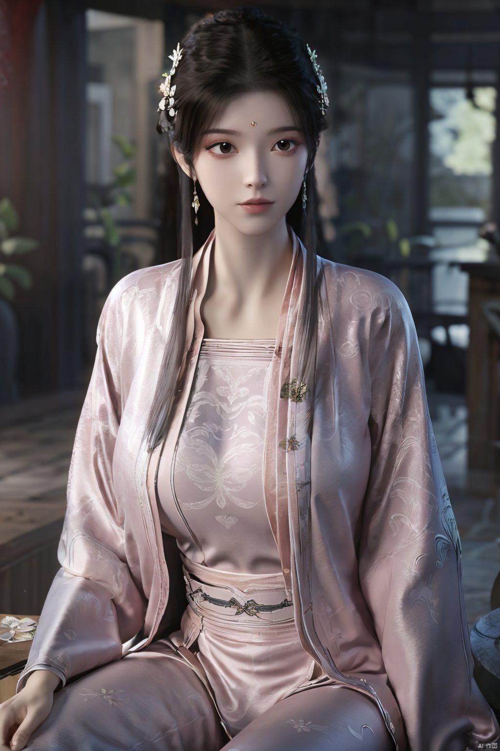 Best quality, Realistic, photorealistic, masterpiece,  , best shadow, huge filesize ,incredibly absurdres, absurdres, looking at viewer, transparent, smog, gauze, vase, petals, room, ancient Chinese style, detailed background, wide shot background,
(((1gilr,black hair))),(Sitting on the lotus pond porch:1.39) ,(huge breasts:1.29),(A pond full of pink lotus flowers:1.3),close up of 1girl,Hairpins,hair ornament,hair wings,slim,narrow waist,perfect eyes,beautiful perfect face,pleasant smile,perfect female figure,detailed skin,charming,alluring,seductive,erotic,enchanting,delicate pattern,detailed complex and rich exquisite clothing detail,delicate intricate fabrics,
Morning Serenade In the gentle morning glow, (a woman in a pink lotus-patterned Hanfu stands in an indoor courtyard:1.26),(Chinese traditional dragon and phoenix embroidered Hanfu:1.3), admiring the tranquil garden scenery. The lotus-patterned Hanfu, embellished with silver-thread embroidery, is softly illuminated by the morning light. The light mint green Hanfu imparts a sense of calm and freshness, adorned with delicate lotus patterns, with a blurred background to enhance the peaceful atmosphere,(huge breasts:1.52),Xsutaner,Xhulianxin