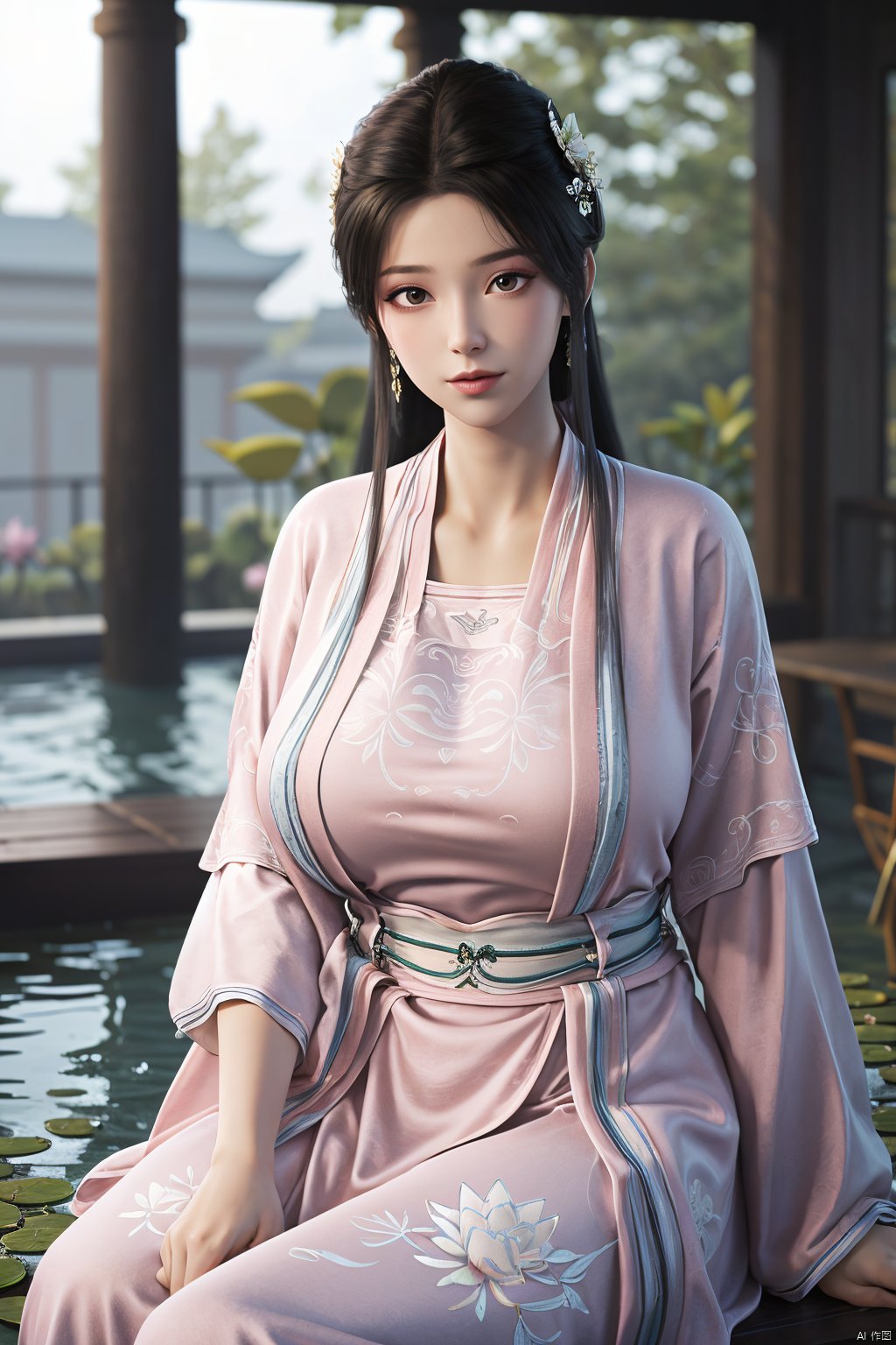 Best quality, Realistic, photorealistic, masterpiece,  , best shadow, huge filesize ,incredibly absurdres, absurdres, looking at viewer, transparent, smog, gauze, vase, petals, room, ancient Chinese style, detailed background, wide shot background,
(((1gilr,black hair))),(Sitting on the lotus pond porch:1.39) ,(huge breasts:1.39),(A pond full of pink lotus flowers:1.3),close up of 1girl,Hairpins,hair ornament,hair wings,slim,narrow waist,perfect eyes,beautiful perfect face,pleasant smile,perfect female figure,detailed skin,charming,alluring,seductive,erotic,enchanting,delicate pattern,detailed complex and rich exquisite clothing detail,delicate intricate fabrics,
Morning Serenade In the gentle morning glow, (a woman in a pink lotus-patterned Hanfu stands in an indoor courtyard:1.26),(Chinese traditional dragon and phoenix embroidered Hanfu:1.3), admiring the tranquil garden scenery. The lotus-patterned Hanfu, embellished with silver-thread embroidery, is softly illuminated by the morning light. The light mint green Hanfu imparts a sense of calm and freshness, adorned with delicate lotus patterns, with a blurred background to enhance the peaceful atmosphere,(huge breasts:1.59),Xsutaner,Xhulianxin