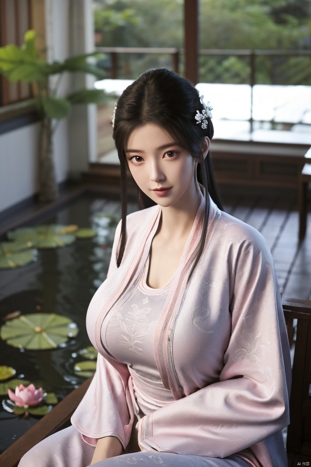 Best quality, Realistic, photorealistic, masterpiece,  , best shadow, huge filesize ,incredibly absurdres, absurdres, looking at viewer, transparent, smog, gauze, vase, petals, room, ancient Chinese style, detailed background, wide shot background,
(((1gilr,black hair))),(Sitting on the lotus pond porch:1.39) ,(huge breasts:1.39),(A pond full of pink lotus flowers:1.3),close up of 1girl,Hairpins,hair ornament,hair wings,slim,narrow waist,perfect eyes,beautiful perfect face,pleasant smile,perfect female figure,detailed skin,charming,alluring,seductive,erotic,enchanting,delicate pattern,detailed complex and rich exquisite clothing detail,delicate intricate fabrics,
Morning Serenade In the gentle morning glow, (a woman in a pink lotus-patterned Hanfu stands in an indoor courtyard:1.26),(Chinese traditional dragon and phoenix embroidered Hanfu:1.3), admiring the tranquil garden scenery. The lotus-patterned Hanfu, embellished with silver-thread embroidery, is softly illuminated by the morning light. The light mint green Hanfu imparts a sense of calm and freshness, adorned with delicate lotus patterns, with a blurred background to enhance the peaceful atmosphere,(huge breasts:1.59),Xsutaner,Xhulianxin