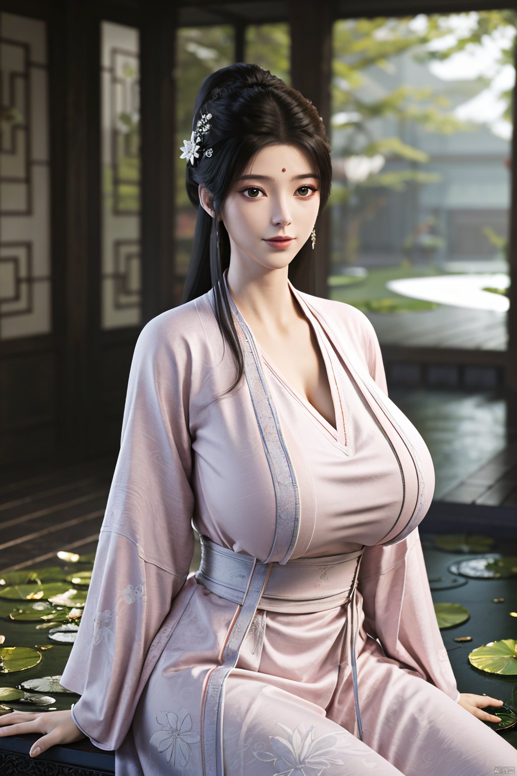 Best quality, Realistic, photorealistic, masterpiece,  , best shadow, huge filesize ,incredibly absurdres, absurdres, looking at viewer, transparent, smog, gauze, vase, petals, room, ancient Chinese style, detailed background, wide shot background,
(((1gilr,black hair))),(Sitting on the lotus pond porch:1.39) ,(huge breasts:1.59),(A pond full of pink lotus flowers:1.3),close up of 1girl,Hairpins,hair ornament,hair wings,slim,narrow waist,perfect eyes,beautiful perfect face,pleasant smile,perfect female figure,detailed skin,charming,alluring,seductive,erotic,enchanting,delicate pattern,detailed complex and rich exquisite clothing detail,delicate intricate fabrics,
Morning Serenade In the gentle morning glow, (a woman in a pink lotus-patterned Hanfu stands in an indoor courtyard:1.26),(Chinese traditional dragon and phoenix embroidered Hanfu:1.3), admiring the tranquil garden scenery. The lotus-patterned Hanfu, embellished with silver-thread embroidery, is softly illuminated by the morning light. The light mint green Hanfu imparts a sense of calm and freshness, adorned with delicate lotus patterns, with a blurred background to enhance the peaceful atmosphere,(huge breasts:1.79),Xsutaner,Xhulianxin