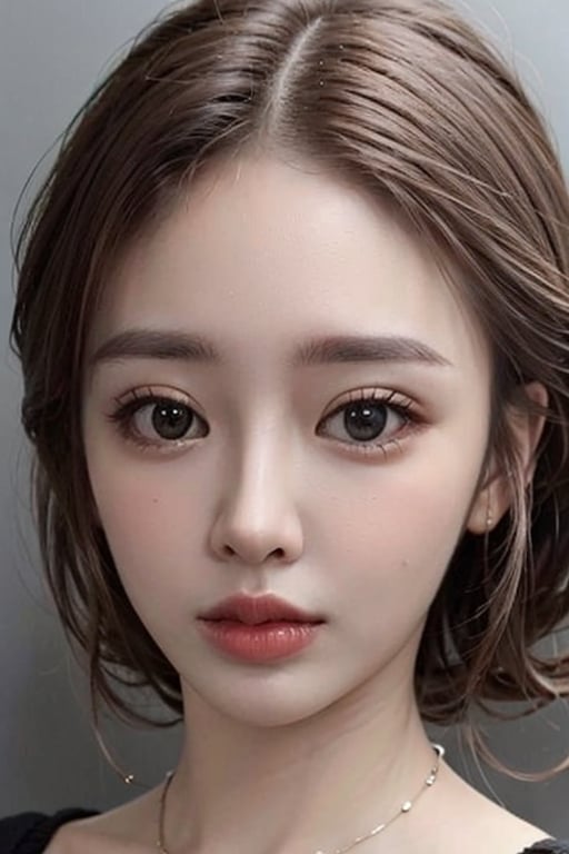 1girl solo brown hair closed mouth grey background collar lips realistic ,beauty,yui,masterpiece,best quality,LMT,1 girl,iris