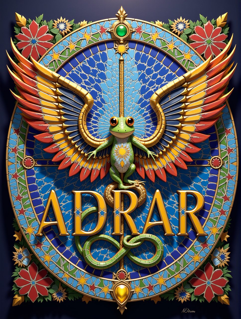 "ADRAR" main TEXT LOGO, scond Text "DEP", 3d text, breathtaking, award-winning, professional, highly detailed, vivid colors, intricate designs, colorful, patterns, intricate, rich colors,  adrr-zllj, mosaic tilework,
tinted photo, deep misty valley, glowing winged frog, steampunk,Made of adrr-zllj