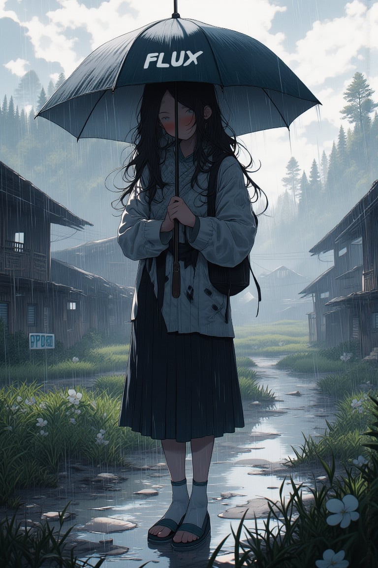 girl with long black hair stands in the countryside, holding an umbrella as heavy rain pours down around her. She is wearing a simple rural outfit, with the backdrop showing traditional wooden houses and fields fading into the mist. The rain creates ripples in puddles and splashes off the umbrella, with water droplets visibly clinging to the leaves and surfaces. The atmosphere is melancholic yet serene, capturing the essence of a quiet, remote village during a rainstorm, text 'FLUX fp8' is printed on umbrella , 