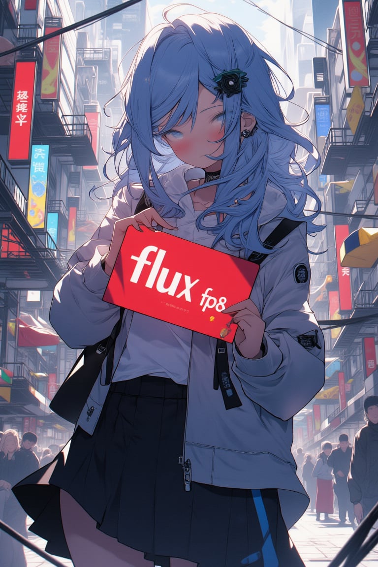 anime girl with vibrant blue hair is looking directly at the viewer with a gentle expression. She stands in the middle of a lively urban street filled with tall buildings, neon signs, and bustling activity. In her hands, she holds a red sign with the word 'flux fp8'  written in bold white letters. Her hair flows softly in the breeze, and her bright eyes reflect the glow of the city lights around her. The scene is vibrant yet slightly mysterious, with cars passing by and pedestrians moving in the background. The contrast between the bustling city environment and the calm expression of the girl creates an intriguing and captivating atmosphere.