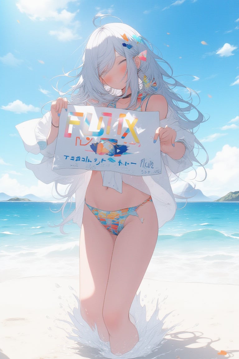 girl in a bikini stands at the beach, holding a sign that says ‘FLUX fp8’ in bold, playful letters. She’s smiling brightly under the blazing sun, with her feet splashing in the shallow waves. The girl’s swimsuit is vibrant and summery, matching the lively atmosphere of a sunny day by the sea. The clear blue sky, sparkling ocean, and distant mountains create a typical Japanese summer scene. The sign she’s holding is hand-written, with the message emphasizing the intense heat of summer. The overall vibe is fun and carefree, capturing the essence of a hot summer day at the beach in Japan