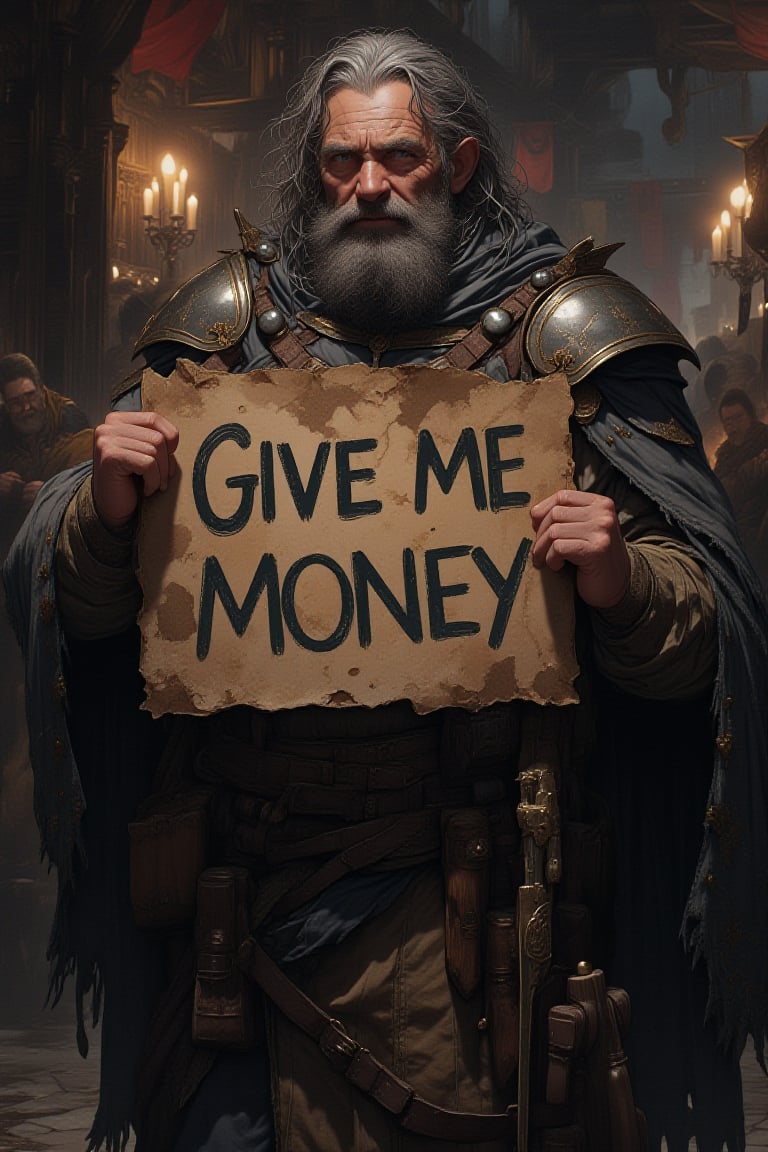 A rugged middle-aged adventurer stands holding a hand-made sign that reads ‘Give Me Money’ in bold, rough letters. The man has a scruffy beard, unkempt hair, and wears a worn-out adventurer’s outfit with patched armor and a tattered cloak. His expression is a mix of desperation and determination as he clutches the sign with both hands. The scene is set in a dimly lit tavern or a rundown marketplace, with the sign prominently displayed as he tries to get attention. The background hints at a life of hardship and rough adventures, now reduced to begging in a gritty and harsh world