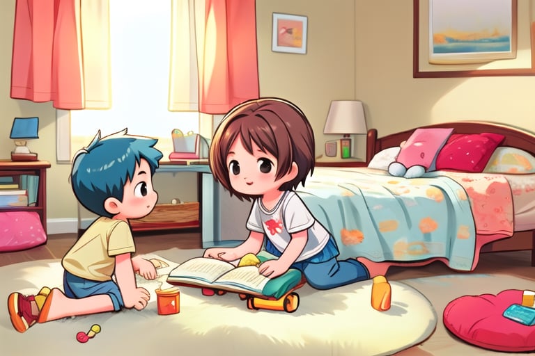 Two children in a bedroom scene: a five-year-old boy is on the floor, playing with toys near the bed, while a seven-year-old girl sits comfortably in bed, reading a book. The room is softly lit, creating a cozy atmosphere. The composition highlights the contrasting activities of the siblings, with the boy's playful engagement and the girl's focused reading, all set in a warm, inviting space.