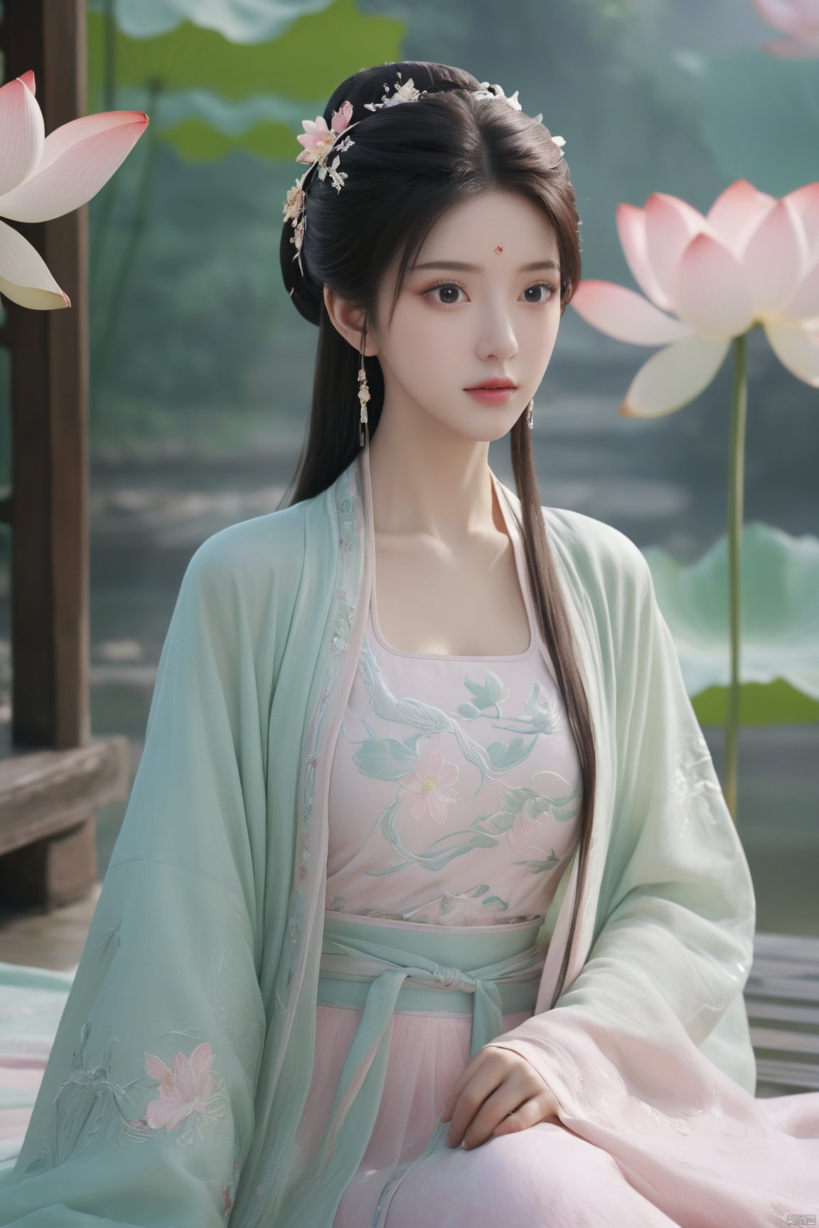 Best quality, Realistic, photorealistic, masterpiece, extremely detailed CG unity 8k wallpaper, best illumination, best shadow, huge filesize ,(huge breasts:2.3) incredibly absurdres, absurdres, looking at viewer, transparent, smog, gauze, vase, petals, room, ancient Chinese style, detailed background, wide shot background,
(((1gilr,black hair))),(Sitting on the lotus pond porch:1.39) ,(huge breasts:2.4),(A pond full of pink lotus flowers:1.3),close up of 1girl,Hairpins,hair ornament,hair wings,slim,narrow waist,(huge breasts:2.5),perfect eyes,beautiful perfect face,pleasant smile,perfect female figure,detailed skin,charming,alluring,seductive,erotic,enchanting,delicate pattern,detailed complex and rich exquisite clothing detail,delicate intricate fabrics,
Morning Serenade In the gentle morning glow, (a woman in a pink lotus-patterned Hanfu stands in an indoor courtyard:1.26),(Chinese traditional dragon and phoenix embroidered Hanfu:1.3), admiring the tranquil garden scenery. The lotus-patterned Hanfu, embellished with silver-thread embroidery, is softly illuminated by the morning light. The light mint green Hanfu imparts a sense of calm and freshness, adorned with delicate lotus patterns, with a blurred background to enhance the peaceful atmosphere,(huge breasts:2.7),Xsutaner,Xhulianxin