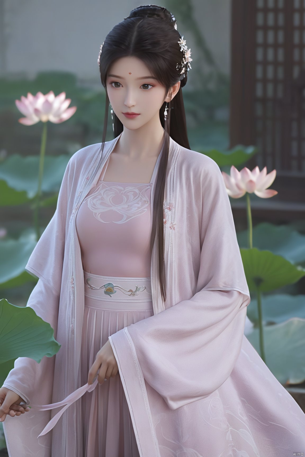 Best quality, Realistic, photorealistic, masterpiece, extremely detailed CG unity 8k wallpaper, best illumination, best shadow, huge filesize ,(huge breasts:2.3) incredibly absurdres, absurdres, looking at viewer, transparent, smog, gauze, vase, petals, room, ancient Chinese style, detailed background, wide shot background,
(((1gilr,black hair))),(Sitting on the lotus pond porch:1.39) ,(huge breasts:2.4),(A pond full of pink lotus flowers:1.3),close up of 1girl,Hairpins,hair ornament,hair wings,slim,narrow waist,(huge breasts:2.5),perfect eyes,beautiful perfect face,pleasant smile,perfect female figure,detailed skin,charming,alluring,seductive,erotic,enchanting,delicate pattern,detailed complex and rich exquisite clothing detail,delicate intricate fabrics,
Morning Serenade In the gentle morning glow, (a woman in a pink lotus-patterned Hanfu stands in an indoor courtyard:1.26),(Chinese traditional dragon and phoenix embroidered Hanfu:1.3), admiring the tranquil garden scenery. The lotus-patterned Hanfu, embellished with silver-thread embroidery, is softly illuminated by the morning light. The light mint green Hanfu imparts a sense of calm and freshness, adorned with delicate lotus patterns, with a blurred background to enhance the peaceful atmosphere,(huge breasts:2.7),Xsutaner,Xhulianxin