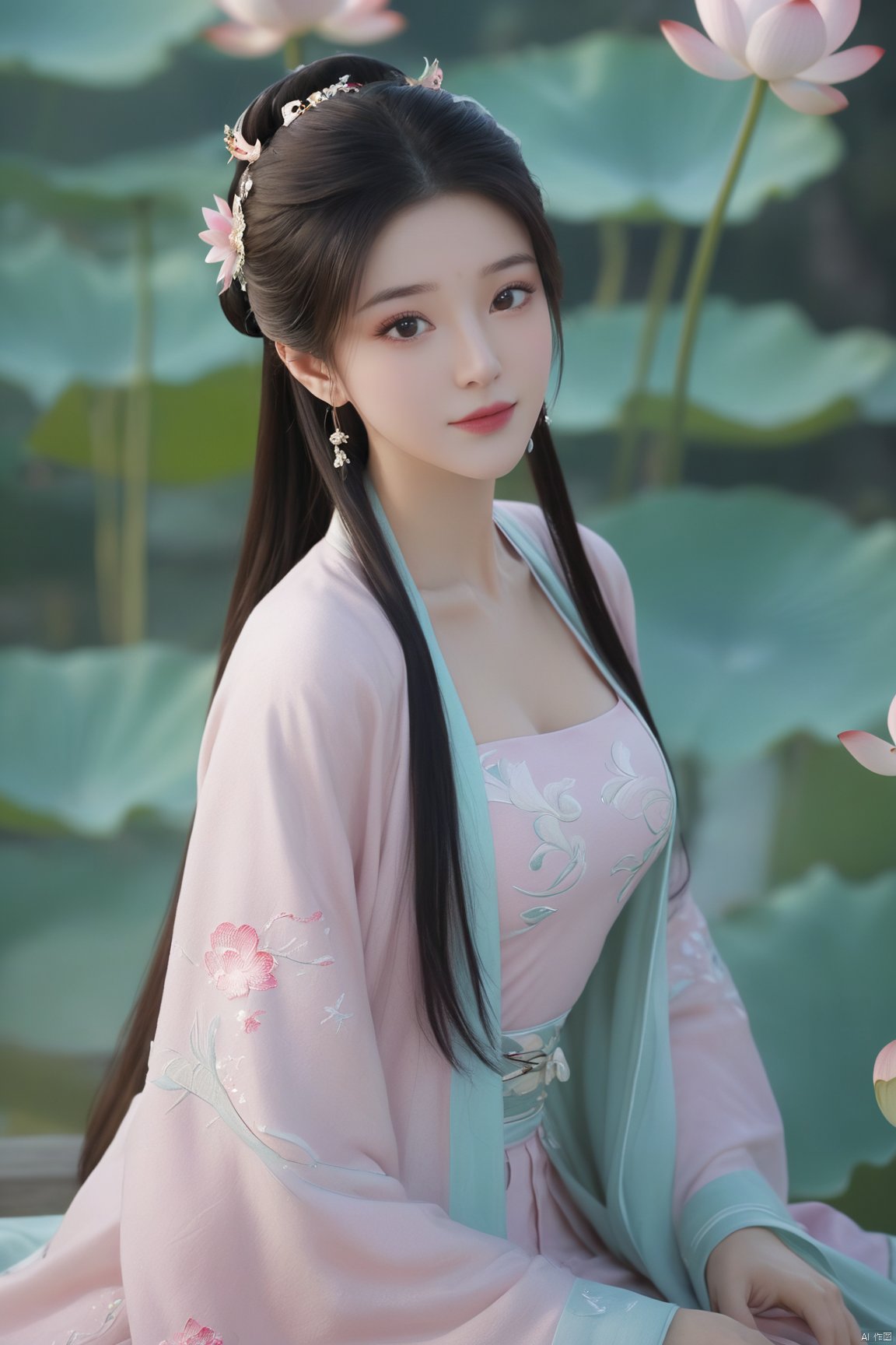 Best quality, Realistic, photorealistic, masterpiece, extremely detailed CG unity 8k wallpaper, best illumination, best shadow, huge filesize ,(huge breasts:2.39) incredibly absurdres, absurdres, looking at viewer, transparent, smog, gauze, vase, petals, room, ancient Chinese style, detailed background, wide shot background,
(((1gilr,black hair))),(Sitting on the lotus pond porch:1.39) ,(huge breasts:2.49),(A pond full of pink lotus flowers:1.3),close up of 1girl,Hairpins,hair ornament,hair wings,slim,narrow waist,(huge breasts:2.59),perfect eyes,beautiful perfect face,pleasant smile,perfect female figure,detailed skin,charming,alluring,seductive,erotic,enchanting,delicate pattern,detailed complex and rich exquisite clothing detail,delicate intricate fabrics,
Morning Serenade In the gentle morning glow, (a woman in a pink lotus-patterned Hanfu stands in an indoor courtyard:1.26),(Chinese traditional dragon and phoenix embroidered Hanfu:1.3), admiring the tranquil garden scenery. The lotus-patterned Hanfu, embellished with silver-thread embroidery, is softly illuminated by the morning light. The light mint green Hanfu imparts a sense of calm and freshness, adorned with delicate lotus patterns, with a blurred background to enhance the peaceful atmosphere,(huge breasts:2.7),Xsutaner,Xhulianxin