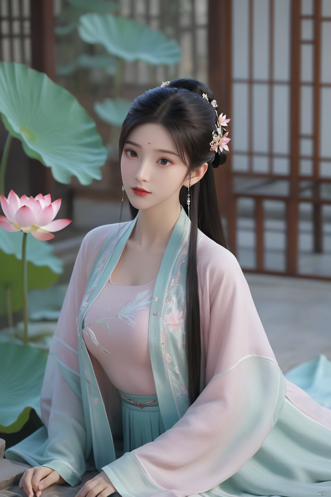 Best quality, Realistic, photorealistic, masterpiece, extremely detailed CG unity 8k wallpaper, best illumination, best shadow, huge filesize ,(huge breasts:2.3) incredibly absurdres, absurdres, looking at viewer, transparent, smog, gauze, vase, petals, room, ancient Chinese style, detailed background, wide shot background,
(((1gilr,black hair))),(Sitting on the lotus pond porch:1.39) ,(huge breasts:2.4),(A pond full of pink lotus flowers:1.3),close up of 1girl,Hairpins,hair ornament,hair wings,slim,narrow waist,(huge breasts:2.5),perfect eyes,beautiful perfect face,pleasant smile,perfect female figure,detailed skin,charming,alluring,seductive,erotic,enchanting,delicate pattern,detailed complex and rich exquisite clothing detail,delicate intricate fabrics,
Morning Serenade In the gentle morning glow, (a woman in a pink lotus-patterned Hanfu stands in an indoor courtyard:1.26),(Chinese traditional dragon and phoenix embroidered Hanfu:1.3), admiring the tranquil garden scenery. The lotus-patterned Hanfu, embellished with silver-thread embroidery, is softly illuminated by the morning light. The light mint green Hanfu imparts a sense of calm and freshness, adorned with delicate lotus patterns, with a blurred background to enhance the peaceful atmosphere,(huge breasts:2.7),Xsutaner,Xhulianxin