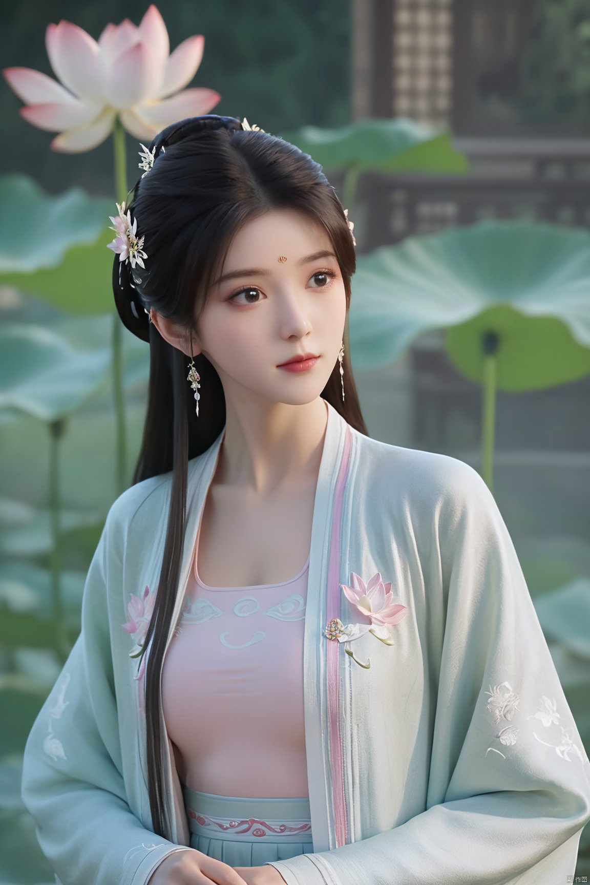 Best quality, Realistic, photorealistic, masterpiece, extremely detailed CG unity 8k wallpaper, best illumination, best shadow, huge filesize ,(huge breasts:2.3) incredibly absurdres, absurdres, looking at viewer, transparent, smog, gauze, vase, petals, room, ancient Chinese style, detailed background, wide shot background,
(((1gilr,black hair))),(Sitting on the lotus pond porch:1.39) ,(huge breasts:2.4),(A pond full of pink lotus flowers:1.3),close up of 1girl,Hairpins,hair ornament,hair wings,slim,narrow waist,(huge breasts:2.5),perfect eyes,beautiful perfect face,pleasant smile,perfect female figure,detailed skin,charming,alluring,seductive,erotic,enchanting,delicate pattern,detailed complex and rich exquisite clothing detail,delicate intricate fabrics,
Morning Serenade In the gentle morning glow, (a woman in a pink lotus-patterned Hanfu stands in an indoor courtyard:1.26),(Chinese traditional dragon and phoenix embroidered Hanfu:1.3), admiring the tranquil garden scenery. The lotus-patterned Hanfu, embellished with silver-thread embroidery, is softly illuminated by the morning light. The light mint green Hanfu imparts a sense of calm and freshness, adorned with delicate lotus patterns, with a blurred background to enhance the peaceful atmosphere,(huge breasts:2.7),Xsutaner,Xhulianxin