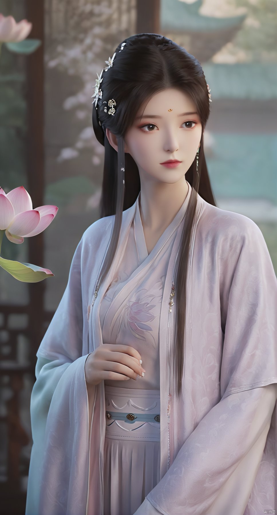 Best quality, Realistic, photorealistic, masterpiece, extremely detailed CG unity 8k wallpaper, best illumination, best shadow, huge filesize ,(huge breasts:2.3) incredibly absurdres, absurdres, looking at viewer, transparent, smog, gauze, vase, petals, room, ancient Chinese style, detailed background, wide shot background,
(((1gilr,black hair))),(Sitting on the lotus pond porch:1.39) ,(huge breasts:2.4),(A pond full of pink lotus flowers:1.3),close up of 1girl,Hairpins,hair ornament,hair wings,slim,narrow waist,(huge breasts:2.5),perfect eyes,beautiful perfect face,pleasant smile,perfect female figure,detailed skin,charming,alluring,seductive,erotic,enchanting,delicate pattern,detailed complex and rich exquisite clothing detail,delicate intricate fabrics,
Morning Serenade In the gentle morning glow, (a woman in a pink lotus-patterned Hanfu stands in an indoor courtyard:1.26),(Chinese traditional dragon and phoenix embroidered Hanfu:1.3), admiring the tranquil garden scenery. The lotus-patterned Hanfu, embellished with silver-thread embroidery, is softly illuminated by the morning light. The light mint green Hanfu imparts a sense of calm and freshness, adorned with delicate lotus patterns, with a blurred background to enhance the peaceful atmosphere,(huge breasts:2.7),