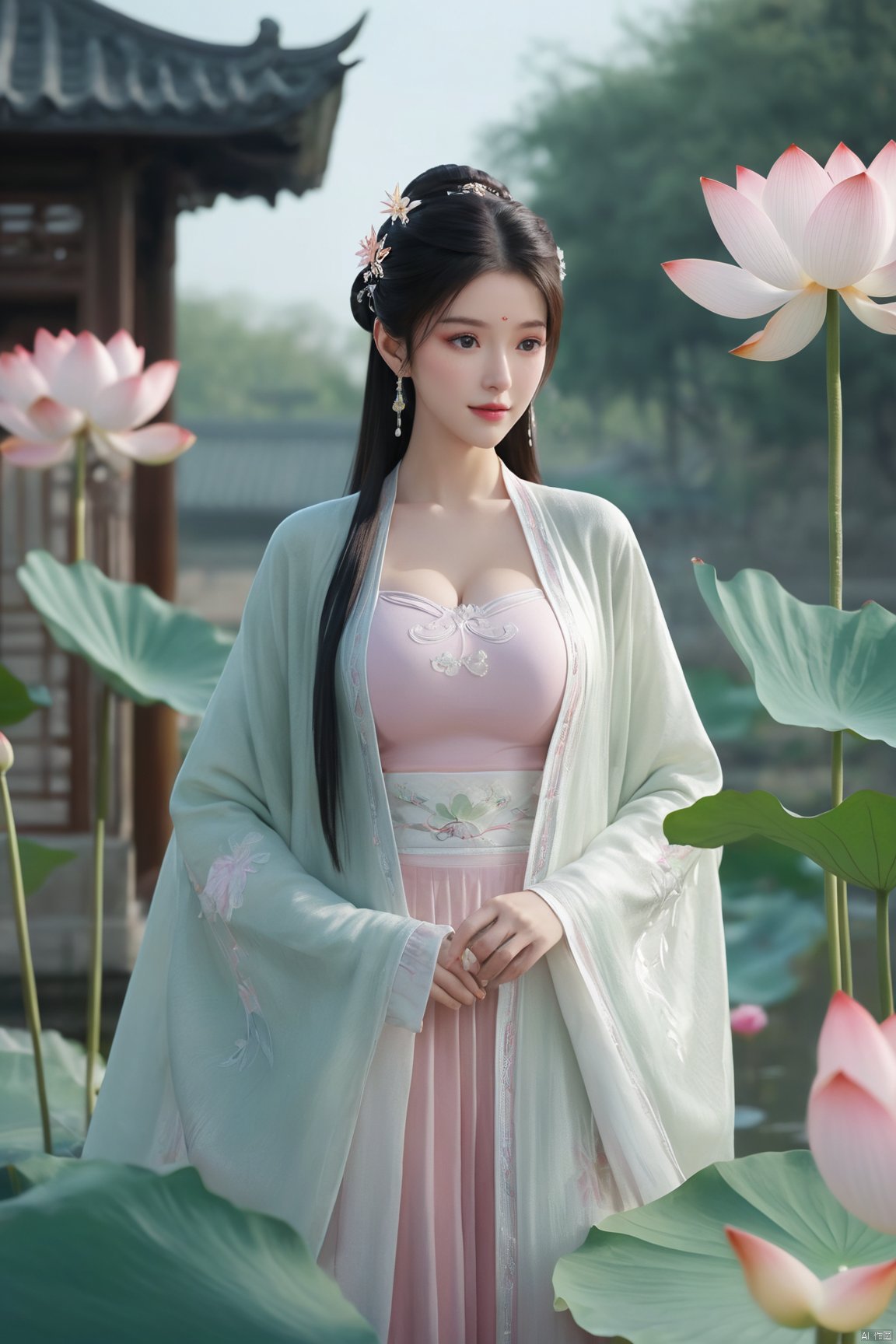 Best quality, Realistic, photorealistic, masterpiece, (huge breasts:2.29) , best shadow, huge filesize ,(huge breasts:2.39) incredibly absurdres, absurdres, looking at viewer, transparent, smog, gauze, vase, petals, room, ancient Chinese style, detailed background, wide shot background,
(((1gilr,black hair))),(Sitting on the lotus pond porch:1.39) ,(huge breasts:2.49),(A pond full of pink lotus flowers:1.3),close up of 1girl,Hairpins,hair ornament,hair wings,slim,narrow waist,(huge breasts:2.59),perfect eyes,beautiful perfect face,pleasant smile,perfect female figure,detailed skin,charming,alluring,seductive,erotic,enchanting,delicate pattern,detailed complex and rich exquisite clothing detail,delicate intricate fabrics,
Morning Serenade In the gentle morning glow, (a woman in a pink lotus-patterned Hanfu stands in an indoor courtyard:1.26),(Chinese traditional dragon and phoenix embroidered Hanfu:1.3), admiring the tranquil garden scenery. The lotus-patterned Hanfu, embellished with silver-thread embroidery, is softly illuminated by the morning light. The light mint green Hanfu imparts a sense of calm and freshness, adorned with delicate lotus patterns, with a blurred background to enhance the peaceful atmosphere,(huge breasts:2.7),Xsutaner,Xhulianxin