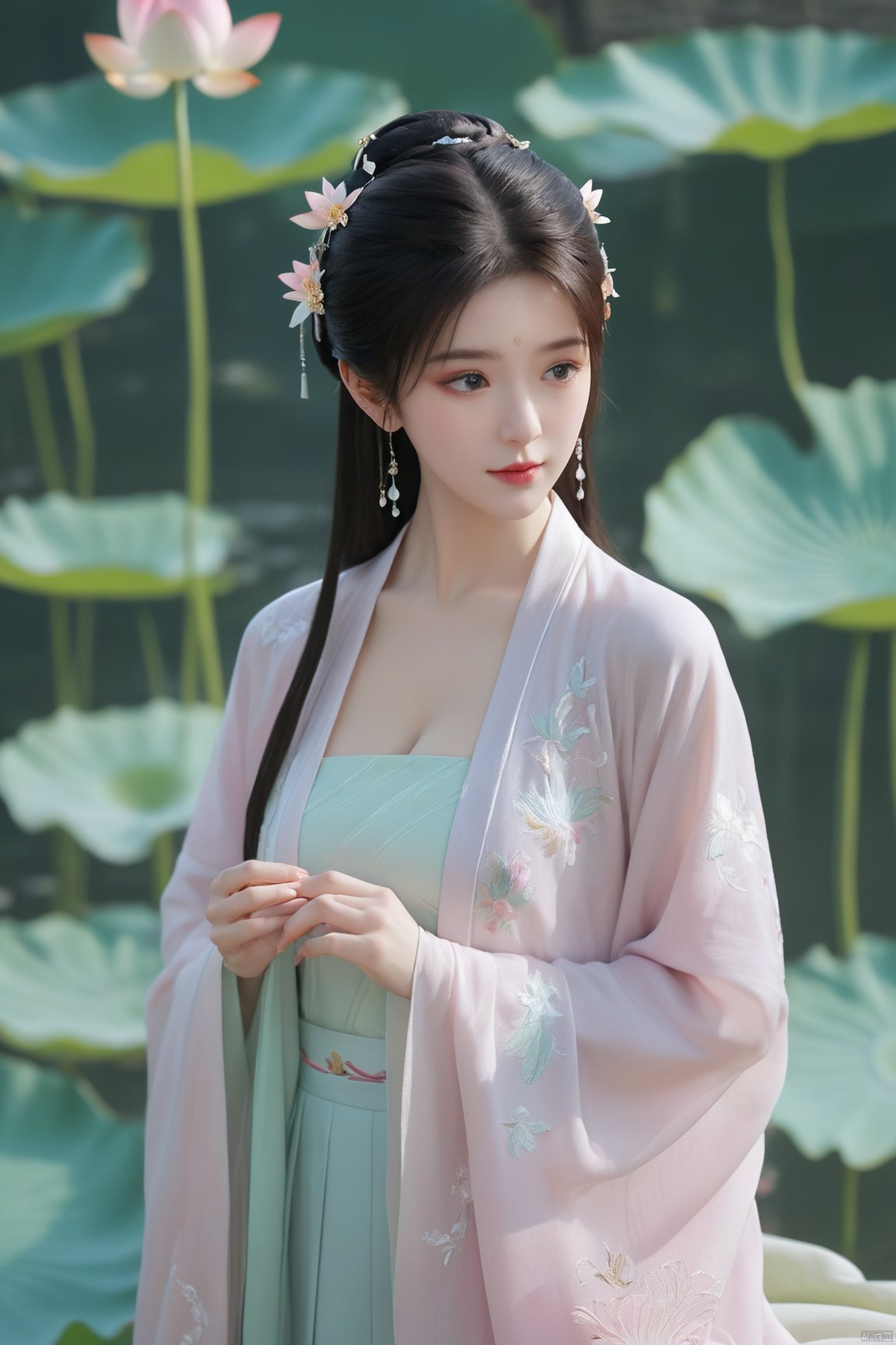 Best quality, Realistic, photorealistic, masterpiece, extremely detailed CG unity 8k wallpaper, best illumination, best shadow, huge filesize ,(huge breasts:2.3) incredibly absurdres, absurdres, looking at viewer, transparent, smog, gauze, vase, petals, room, ancient Chinese style, detailed background, wide shot background,
(((1gilr,black hair))),(Sitting on the lotus pond porch:1.39) ,(huge breasts:2.4),(A pond full of pink lotus flowers:1.3),close up of 1girl,Hairpins,hair ornament,hair wings,slim,narrow waist,(huge breasts:2.5),perfect eyes,beautiful perfect face,pleasant smile,perfect female figure,detailed skin,charming,alluring,seductive,erotic,enchanting,delicate pattern,detailed complex and rich exquisite clothing detail,delicate intricate fabrics,
Morning Serenade In the gentle morning glow, (a woman in a pink lotus-patterned Hanfu stands in an indoor courtyard:1.26),(Chinese traditional dragon and phoenix embroidered Hanfu:1.3), admiring the tranquil garden scenery. The lotus-patterned Hanfu, embellished with silver-thread embroidery, is softly illuminated by the morning light. The light mint green Hanfu imparts a sense of calm and freshness, adorned with delicate lotus patterns, with a blurred background to enhance the peaceful atmosphere,(huge breasts:2.7),Xsutaner,Xhulianxin