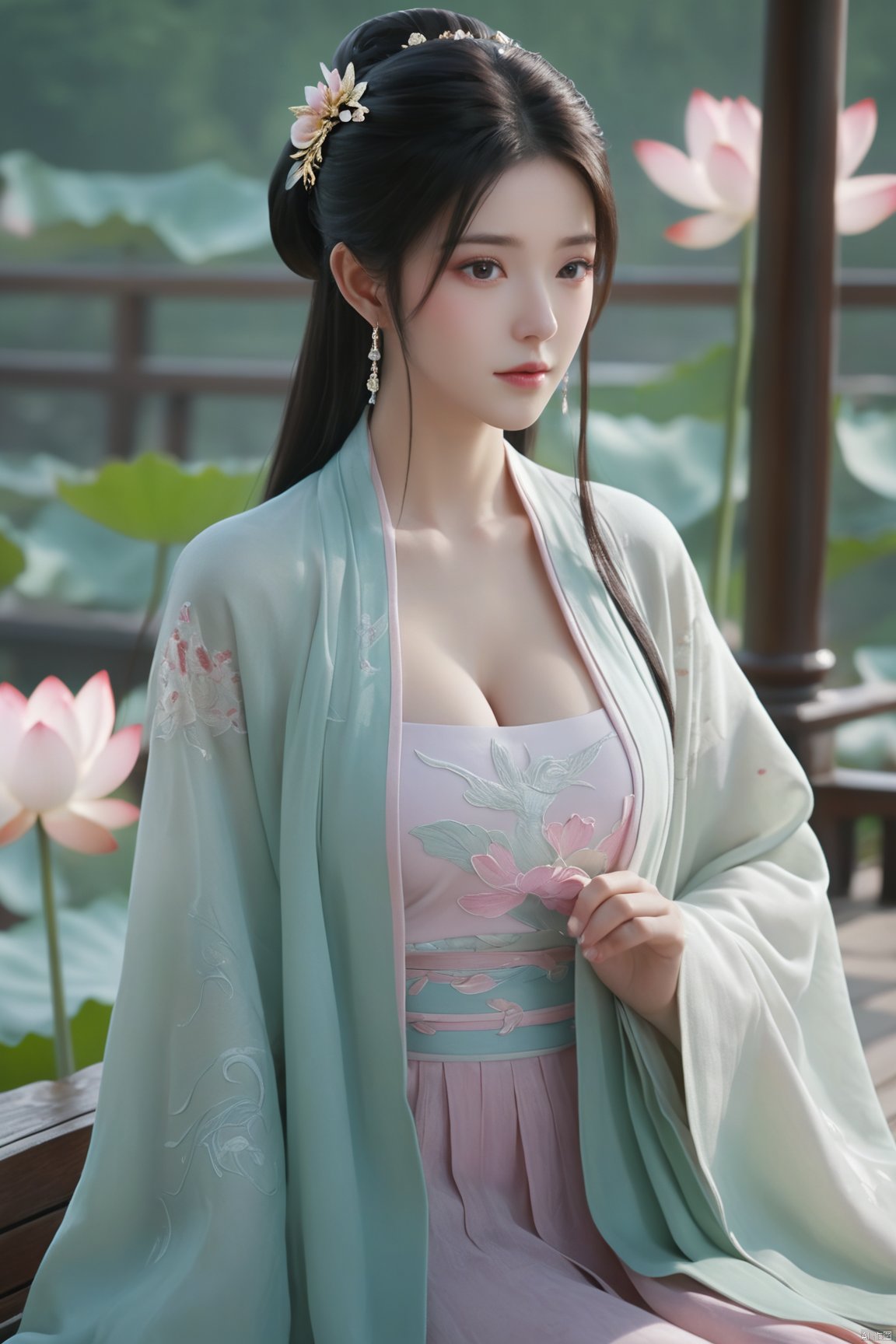 Best quality, Realistic, photorealistic, masterpiece, extremely detailed CG unity 8k wallpaper, best illumination, best shadow, huge filesize ,(huge breasts:2.39) incredibly absurdres, absurdres, looking at viewer, transparent, smog, gauze, vase, petals, room, ancient Chinese style, detailed background, wide shot background,
(((1gilr,black hair))),(Sitting on the lotus pond porch:1.39) ,(huge breasts:2.49),(A pond full of pink lotus flowers:1.3),close up of 1girl,Hairpins,hair ornament,hair wings,slim,narrow waist,(huge breasts:2.59),perfect eyes,beautiful perfect face,pleasant smile,perfect female figure,detailed skin,charming,alluring,seductive,erotic,enchanting,delicate pattern,detailed complex and rich exquisite clothing detail,delicate intricate fabrics,
Morning Serenade In the gentle morning glow, (a woman in a pink lotus-patterned Hanfu stands in an indoor courtyard:1.26),(Chinese traditional dragon and phoenix embroidered Hanfu:1.3), admiring the tranquil garden scenery. The lotus-patterned Hanfu, embellished with silver-thread embroidery, is softly illuminated by the morning light. The light mint green Hanfu imparts a sense of calm and freshness, adorned with delicate lotus patterns, with a blurred background to enhance the peaceful atmosphere,(huge breasts:2.7),Xsutaner,Xhulianxin